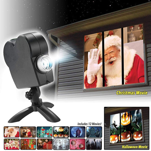 Proyector láser de Navidad para Halloween, 12 películas, luz de discoteca, Mini ventana, proyector de cine en casa, proyector para interiores y exteriores