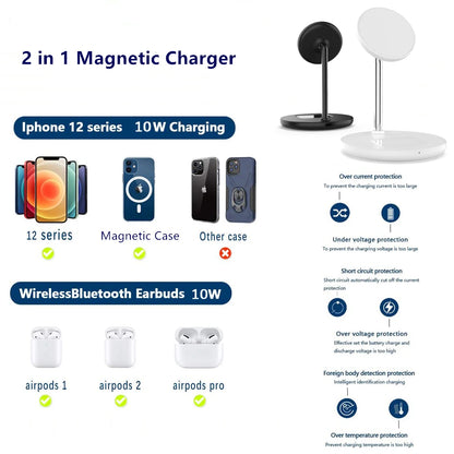 2 in 1 Magnetic Wireless Charger Stand For iPhone 13 12 Pro Max Mini Airpods Fast Charging Station Dock Mobile Phone Chargers