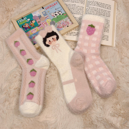 Calcetines de Angora depilados para mujer, calcetines gruesos de otoño e invierno para mantener el calor, calcetines de habitación, calcetines de felpa suaves y transpirables